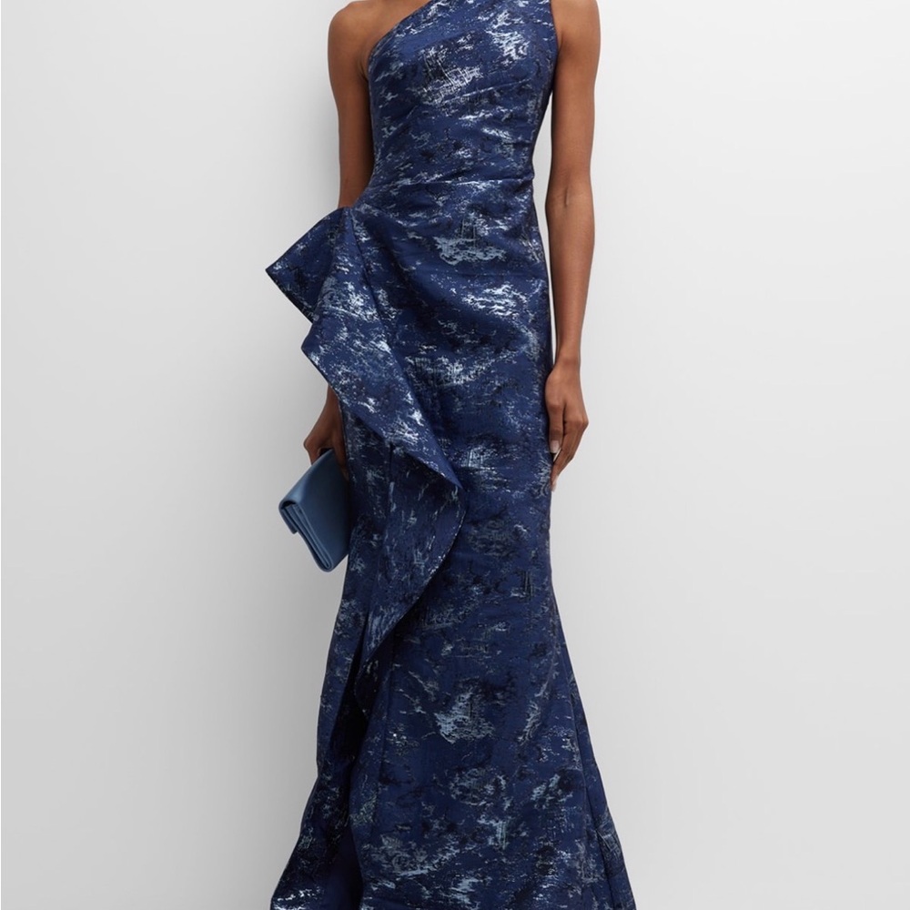 Rickie Freeman for Teri Jon Navy One-Shoulder Gown